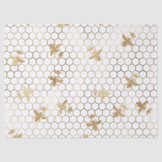 Gold Queen Bees and Honeycomb on White Decoupage Tissue Paper