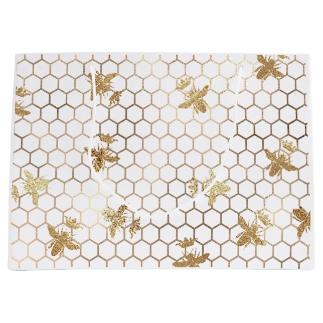 Gold Queen Bees and Honeycomb on White Large Gift Bag (Front)