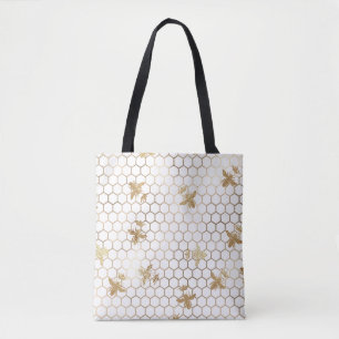 Gold Queen Bees and Honeycomb on White Tote Bag