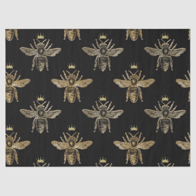Gold Queen Bees on Black Decoupage Tissue Paper (Front)