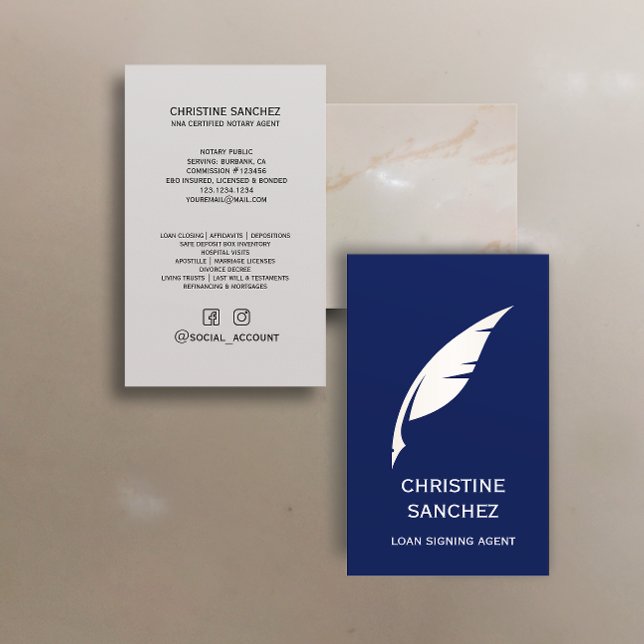 Gold Quill Pen PUBLIC NOTARY SINGNING AGENT blue Business Card (Creator Uploaded)