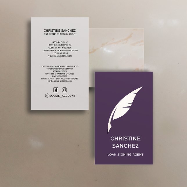 Gold Quill Pen PUBLIC NOTARY SINGNING AGENT Purple Business Card (Creator Uploaded)