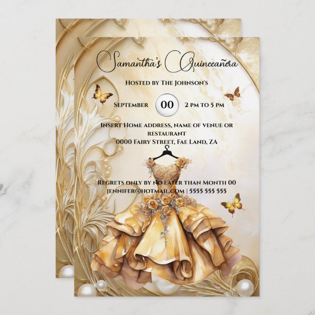 Gold Quinceañera ballgown luxurious floral pearl Invitation (Front/Back)