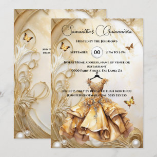 Gold Quinceañera ballgown luxurious floral pearl Invitation