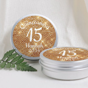 Gold Quinceañera Girl 15th Birthday Favour Tin Box Classic Round Sticker