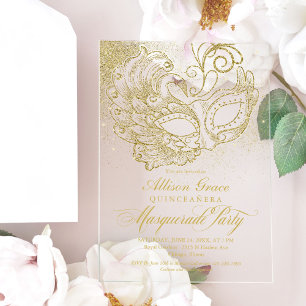 Gold Quinceanera Masquerade Party Acrylic Invitations
