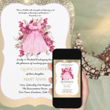 Gold Quinceañera Pink Floral Elegant  Invitation