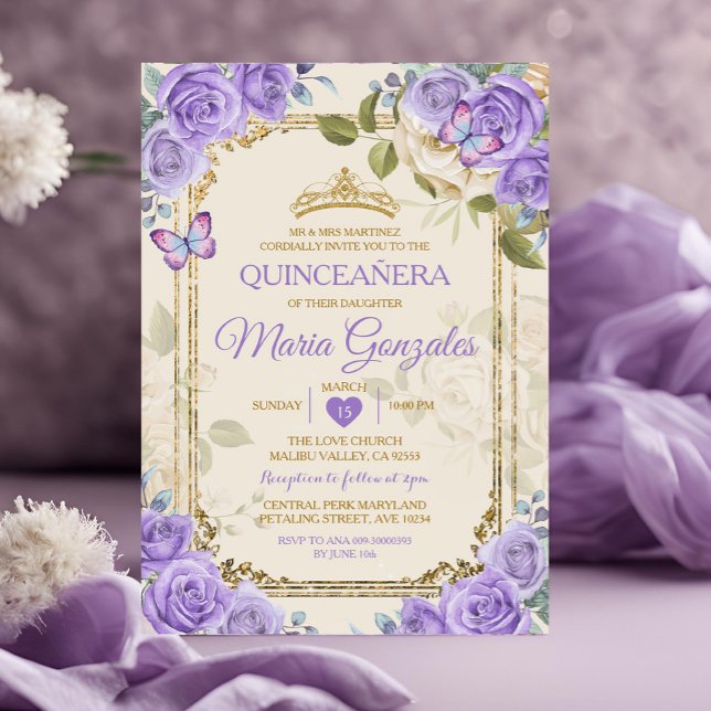 Gold Quinceañera Purple Crown Mexican Butterfly Invitation (Creator Uploaded)