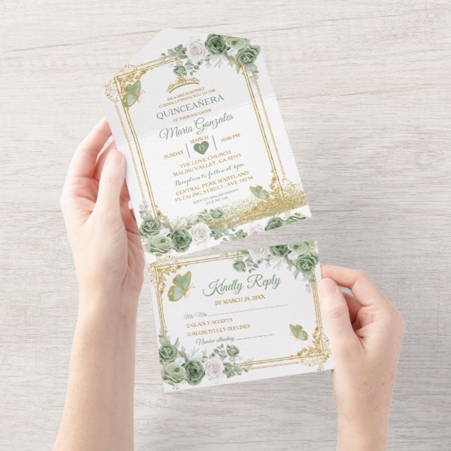 Gold Quinceañera Sage Green Crown All In One All In One Invitation (Tearaway)