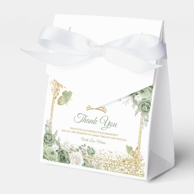 Gold Quinceañera Sage Green Crown Butterfly Favour Box (Front Side)