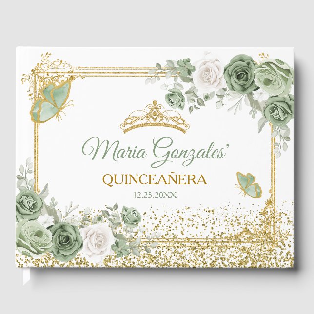 Gold Quinceañera Sage Green Crown Butterfly Guest Book (Front)