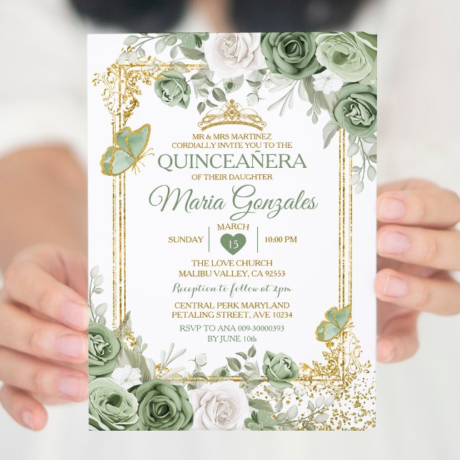 Gold Quinceañera Sage Green Crown Butterfly Invitation (Creator Uploaded)