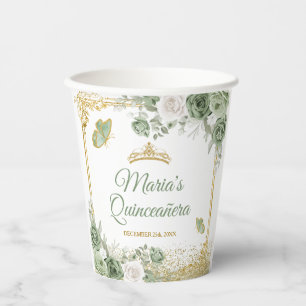 Gold Quinceañera Sage Green Crown Butterfly Paper Cups