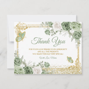 Gold Quinceañera Sage Green Crown Butterfly Thank You Card