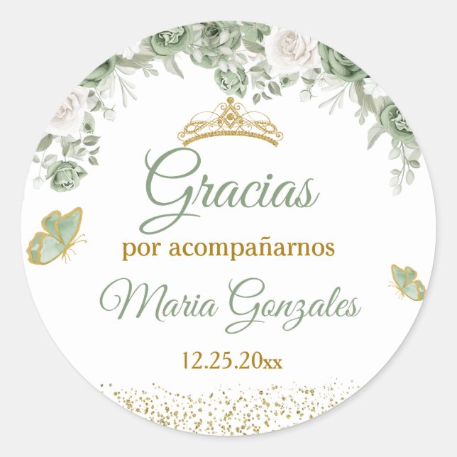 Gold Quinceañera Sage Green Crown Gracias Classic Round Sticker (Front)