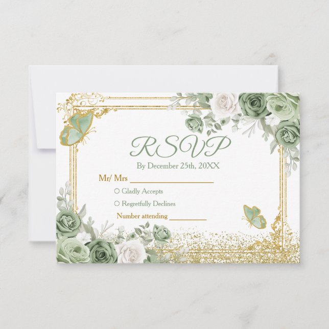 Gold Quinceañera Sage Green Crown Rsvp Card (Front)
