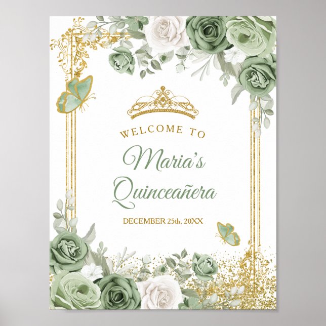 Gold Quinceañera Sage Green Crown Welcome Poster (Front)