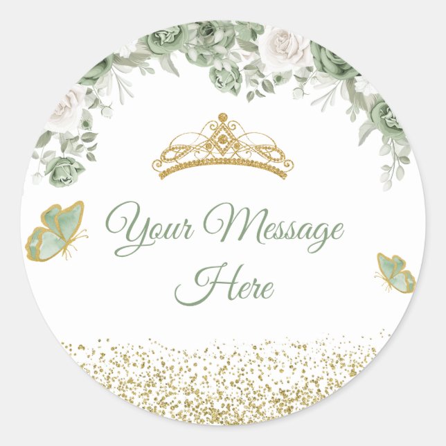 Gold Quinceañera Sage Green Crown Your Message Classic Round Sticker (Front)