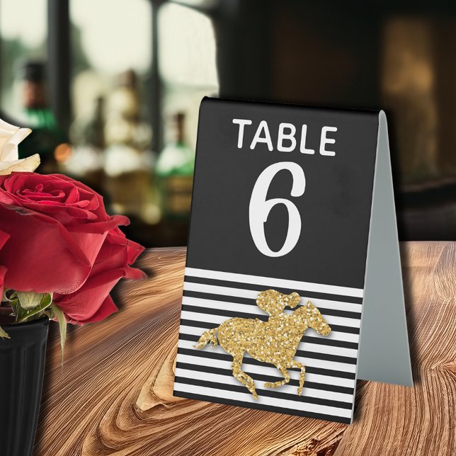 Gold Race Horse Black White Stripes (Gold racehorse Derby-theme bridal shower table number tent-style tabletop sign)