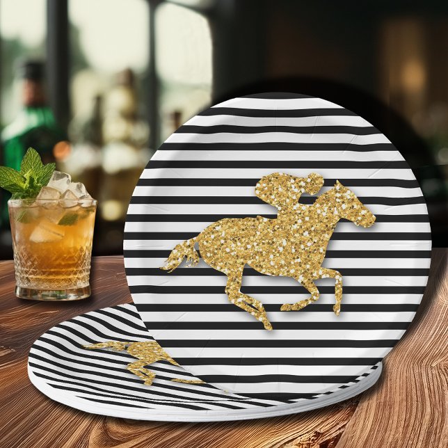Gold Race Horse on Black and White Stripes Paper Plate (Gold racehorse on black and white stripes Derby-themed bridal shower paper plates)