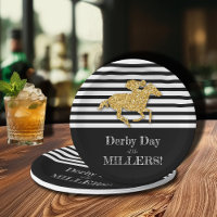 Gold Race Horse on Black and White Stripes