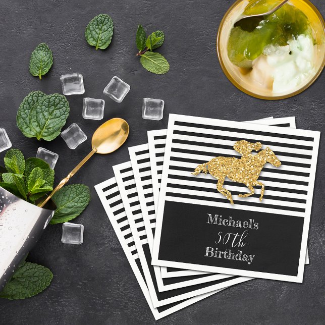 Gold Racehorse Black White Stripes Birthday Napkin (Gold racehorse and jockey on black and white stripes Derby  party cocktail napkins)