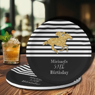 Gold Racehorse Black White Stripes Birthday Paper Plate