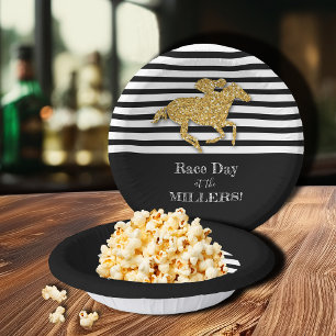 Gold Racehorse Black White Stripes Paper Plate