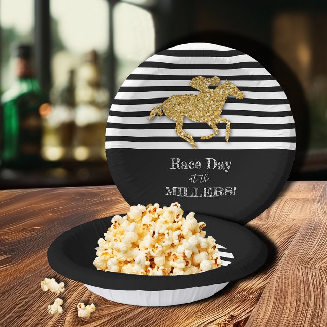 Gold Racehorse Black White Stripes Paper Plate (Gold racehorse on black and white stripes paper bowls)