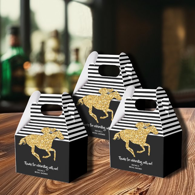 Gold Racehorse Derby Bridal Shower Favour Box (Gold racehorse on black and white Derby-theme bridal shower gable favor boxes)