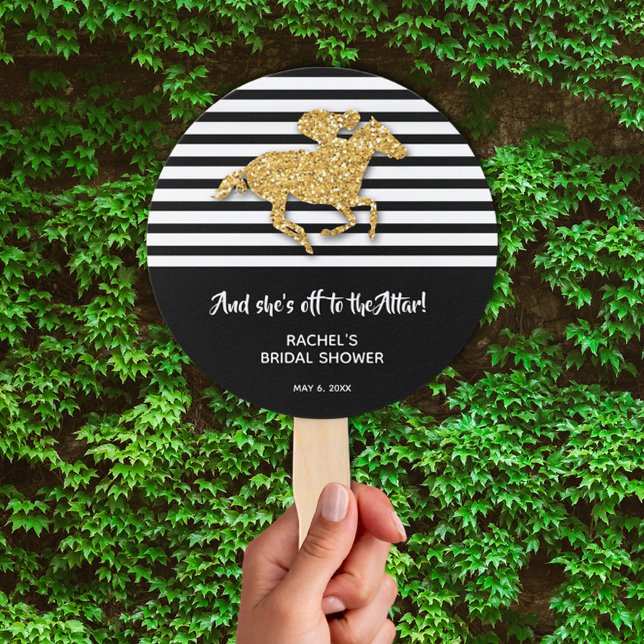 Gold Racehorse Derby Bridal Shower Hand Fan (Off to the Altar! Gold racehorse Derby-theme bridal shower hand fans)