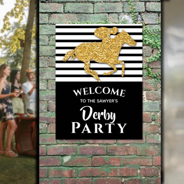 Gold Racehorse Derby Party Welcome Poster (Gold Horse Black White Stripes Derby Welcome Poster - INSTANT DOWNLOAD and/or PRINTED)