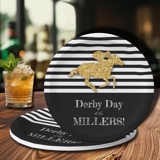 Gold Racehorse on Black and White Stripes Paper Plate (Creator Uploaded)