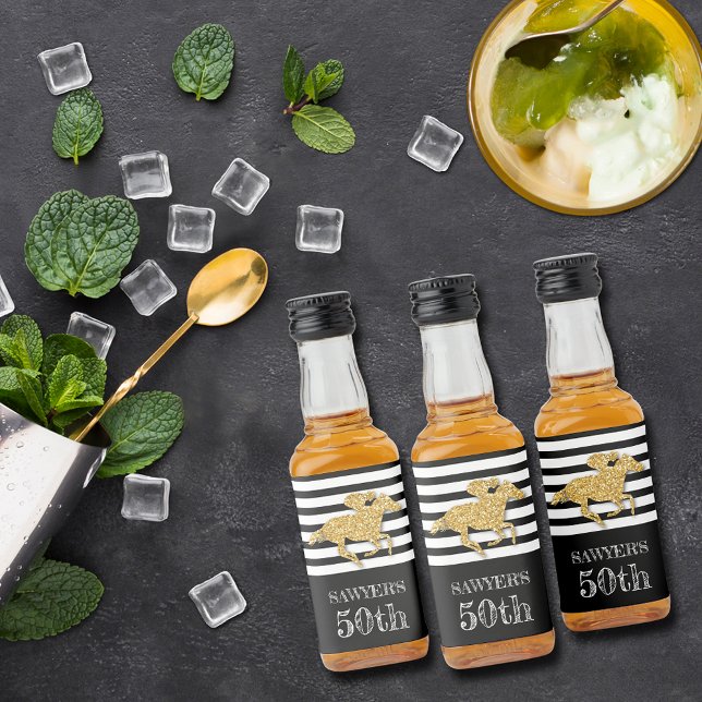 Gold Racehorse on Black Stripes Birthday Liquor Bottle Label (Creator Uploaded)