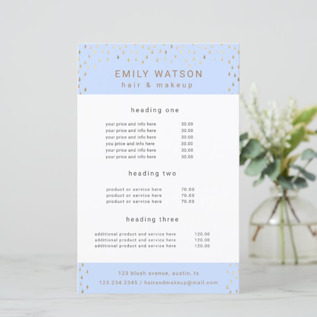 Gold Rain Drops Faux Foil Service and Price Flyer (Standing Front)