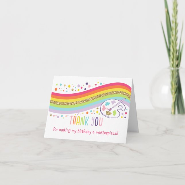 Gold Rainbow Art Party Birthday Thank You Card (Front)