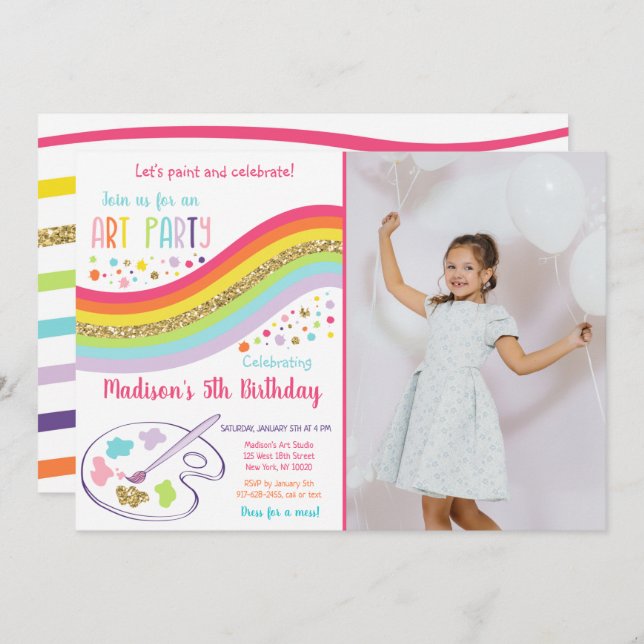 Gold Rainbow Art Party Dress For A Mess Birthday Invitation (Front/Back)