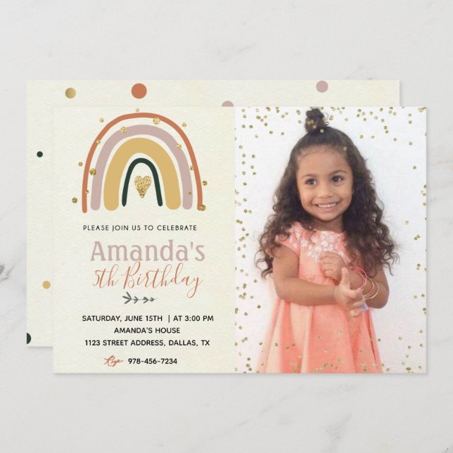 Gold Rainbow Boho Birthday Invitation With Photo (Front/Back)