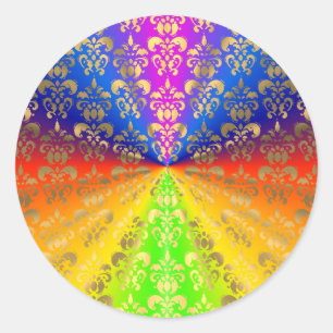 Gold rainbow damask classic round sticker