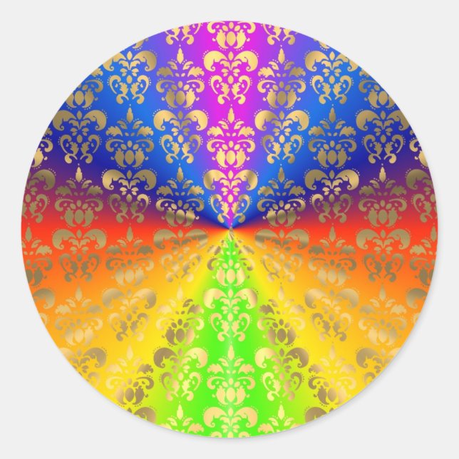 Gold rainbow damask classic round sticker (Front)