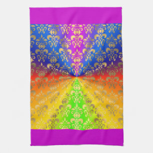 Gold rainbow damask tea towel