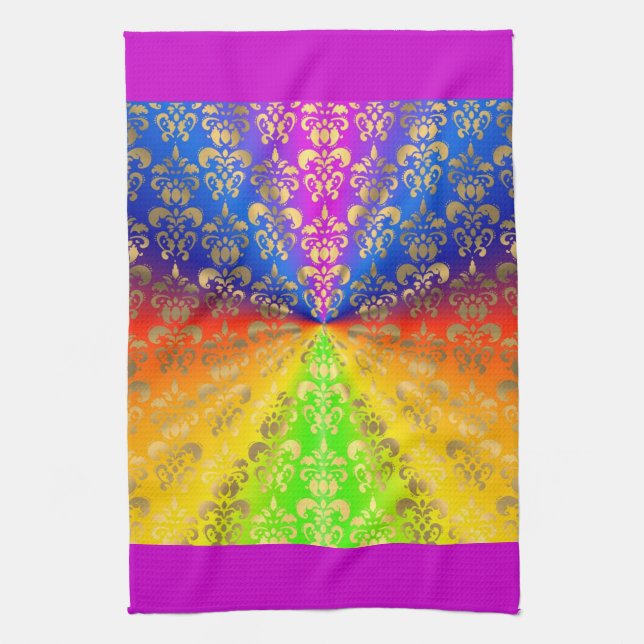 Gold rainbow damask tea towel (Vertical)
