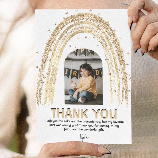 Gold Rainbow | Kids Photo Birthday | Thank You Card (Creator Uploaded)