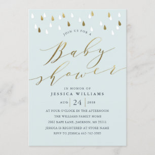 Gold raindrops snd script baby shower invite blue