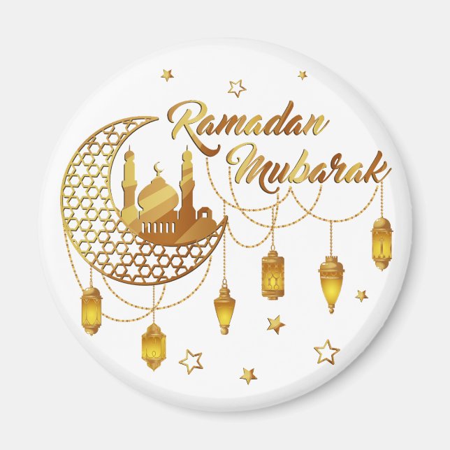 Gold Ramadan Mubarak Mosque & Lanterns Decorative Magnet (Front)