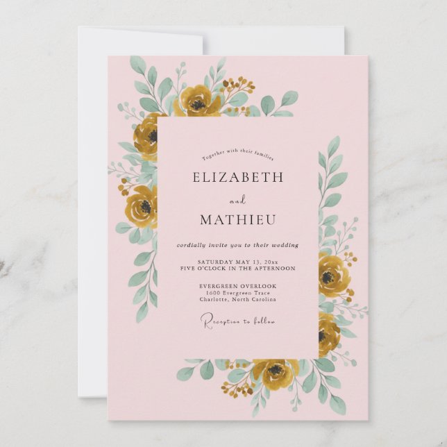 Gold Ranunculus Pink Eucalyptus Wedding Invitation (Front)