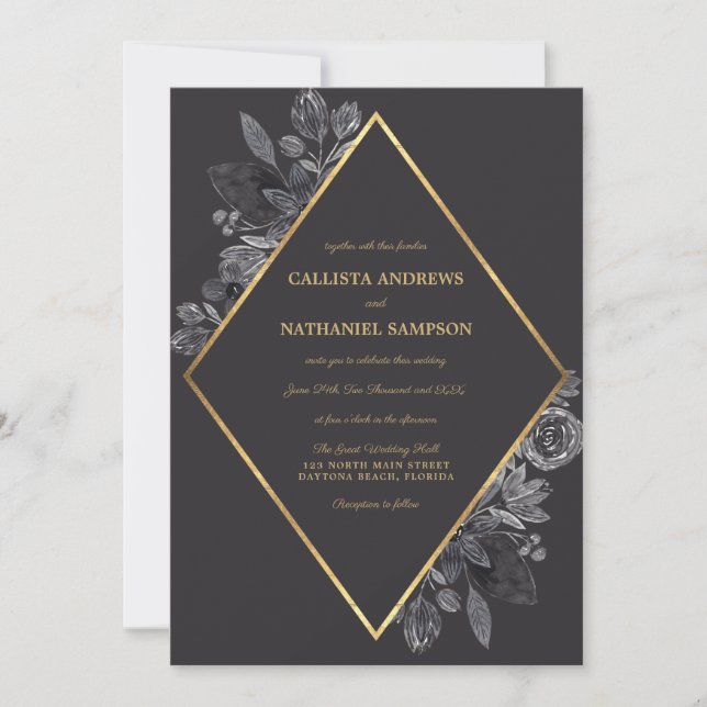 Gold Raven Black Floral Diamond Frame Wedding Invitation (Front)