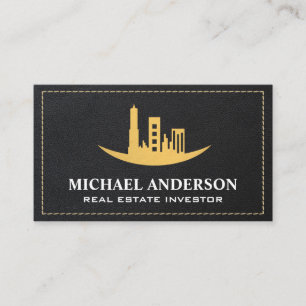 Gold Real Estate Architecture   Leather Stitched  Business Card