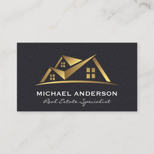 Gold Real Estate Logo | Leather Business Card (Front)