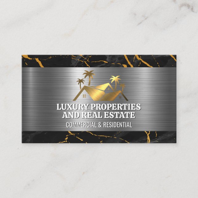 Gold Real Estate Logo | Marble Metal Business Card (Front)